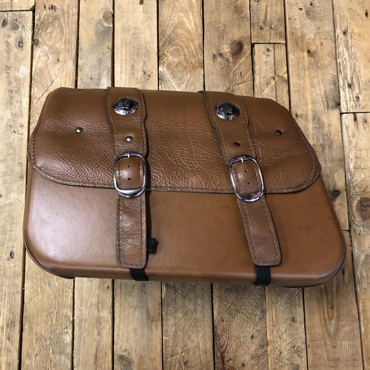 Indian Scout desert tan leather saddlebags & mounting spools